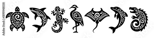 Set of tribal animal icons including turtle, shark, gecko, heron, manta ray, dolphin, and lizard. Decorative ethnic black silhouettes.