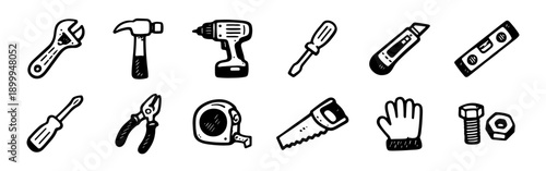 Engaging set of hand-drawn construction and DIY tool icons in a playful doodle style, featuring essential equipment for repair and home improvement.