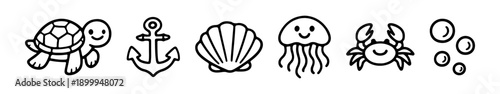 A cute set of nautical line art icons featuring a turtle, anchor, seashell, jellyfish, crab, and bubbles. Perfect for minimal ocean-themed designs.