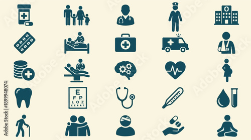 Comprehensive set of healthcare and medical icons for health services