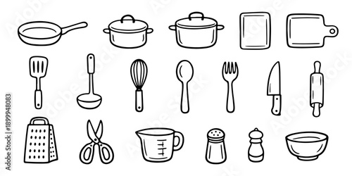 Hand-drawn doodle set of kitchen tools and cookware icons including pan, pot, whisk, and knife in a minimalist black outline style.