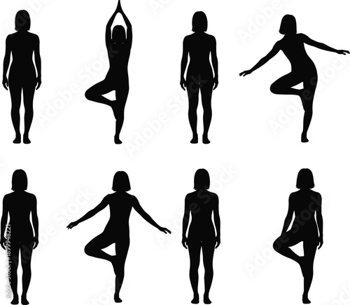 Women yoga silhouette poses set, standing balance tree pose meditation, female fitness wellness isolated black vector illustration