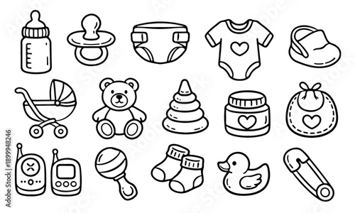 A set of cute hand-drawn baby icons in black and white line art, featuring essential baby items like a bottle, pacifier, stroller, and toys.
