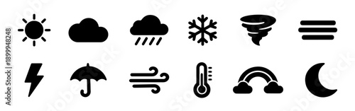 Set of 12 black minimalist weather icons including sun, rain, snow, wind, and storm, perfect for web and mobile interface design.