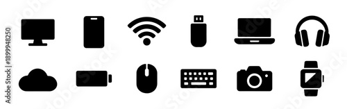 Set of 12 minimalist black technology icons including laptop, smartphone, camera, and smartwatch, ideal for digital interfaces and web design.