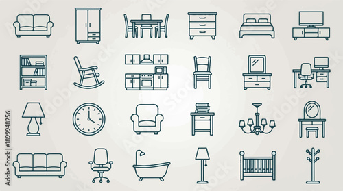 Collection of home furniture and decor outline icons set