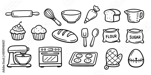 Whimsical hand-drawn baking icon set featuring essential tools and ingredients like a stand mixer, oven, whisk, and bread in a cute doodle style.