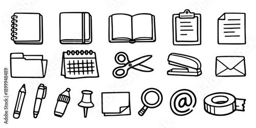 Collection of hand-drawn doodle office and stationery icons including notebooks, writing tools, and desk supplies on a white background.