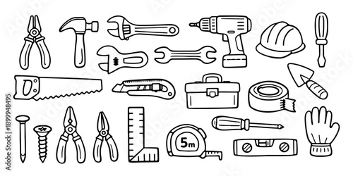 Hand-drawn collection of construction and repair tools in a doodle style. Ideal for DIY, home improvement, and carpentry projects.
