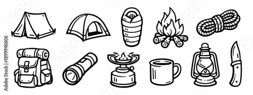 Collection of hand-drawn camping and hiking gear icons. Set of minimalist black line art doodles for outdoor adventure and tourism projects.