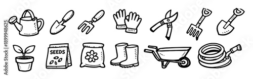 Collection of hand-drawn gardening tool icons in doodle style. Includes watering can, shovel, gloves, wheelbarrow, and more. Vector line art.