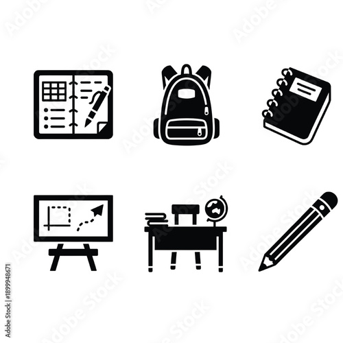 School supplies set with black icons featuring notebook, backpack, pencil, presentation board, desk and notepad featuring education, stationery, simple with graphic resources and learning elements