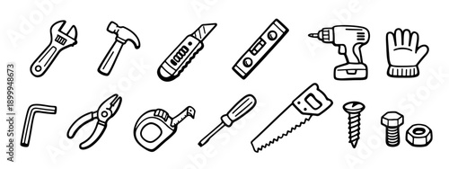 Collection of hand-drawn tool doodles for home improvement and DIY projects. Includes hammer, saw, drill, wrench, and more.