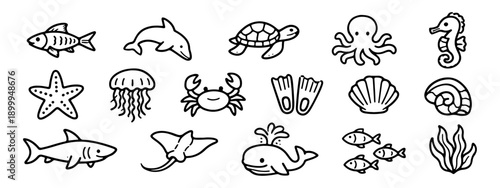 Collection of cute hand-drawn line art icons featuring various sea creatures and marine life on a white background.