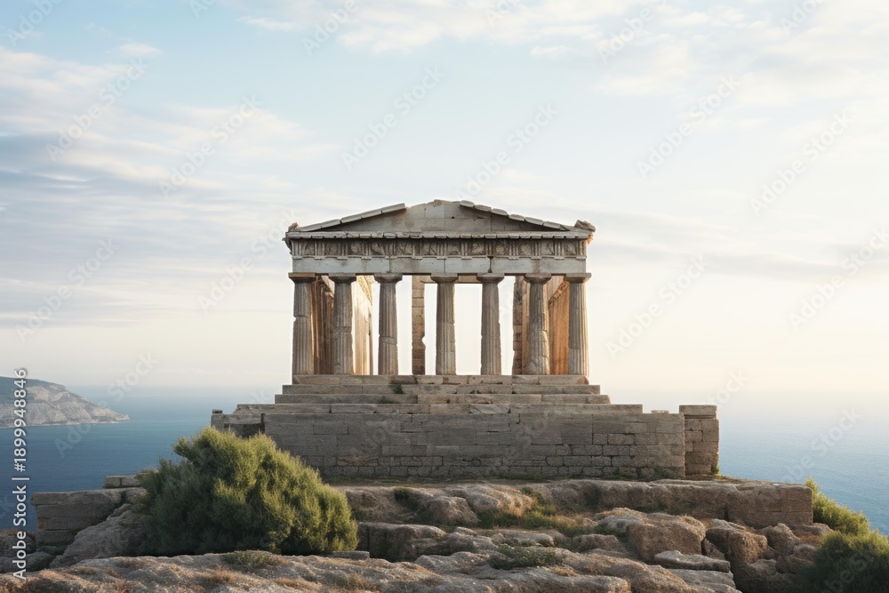 Obraz premium Ancient greek temple structure standing on a hill above the aegean sea