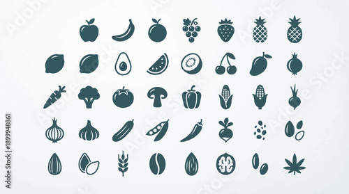Set of various fruit, vegetable, and healthy food flat design icons