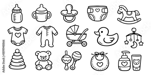 Set of cute hand-drawn baby line art icons including toys, clothing, and nursery essentials in a minimalist doodle style.