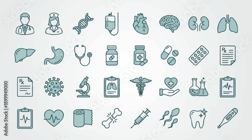 Medical and healthcare line art icons set in flat design style