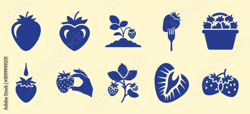 Strawberry Icons Collection: Fruit, Growing, Harvest & Eating Flat Design Vector Illustration