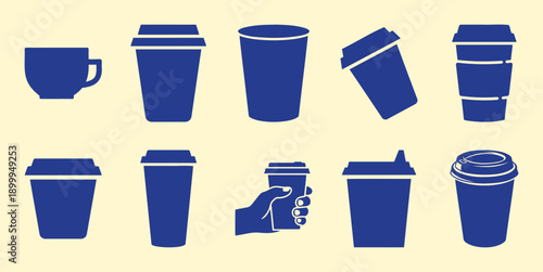 Collection of Blue Coffee Cups and Tea Cups Flat Design Vector Illustration
