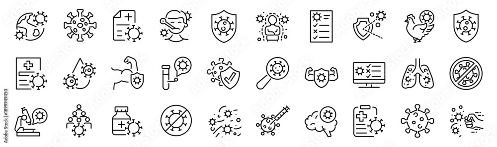 Εκτύπωση καμβά Set of 30 outline icons related to virus