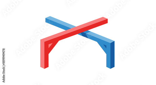 Abstract Impossible Isometric Structure. Optical Illusion of Crossing Red and Blue 3D Beams. Paradoxical X Shape Concept.