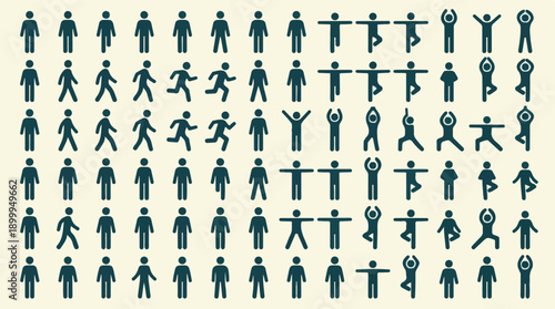 Vector set of stick figure human icons illustrating various activities and poses