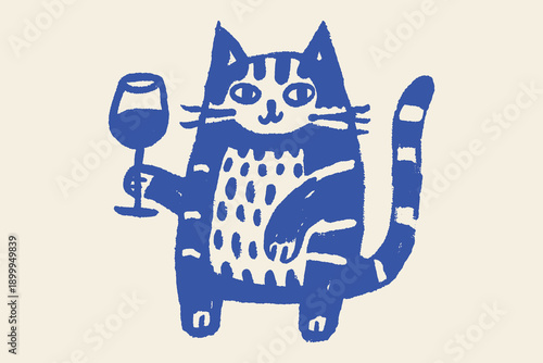 Cat with wine glass doodle hand drawn vector illustration