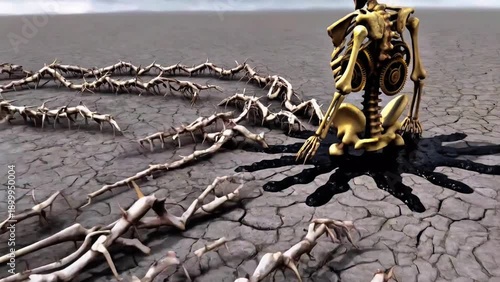 Biomechanical ribcage pumping black ichor through mechanical gears. Dark dystopian wasteland with skeletal vines and surreal anatomy.