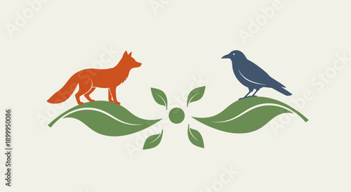 Wildlife around the world on a sunny day with fox and bird on leaves