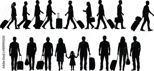 Black and White Traveler Silhouettes Featuring People Walking with Suitcases and Luggage Vector Illustration for Tourism Airport Travel and Vacation Concepts