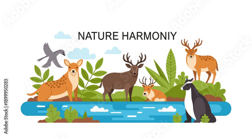Celebrating world wildlife on a serene day by the river with animals in harmony
