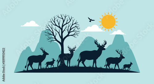 Wildlife roams free in the world on a sunny day illustration