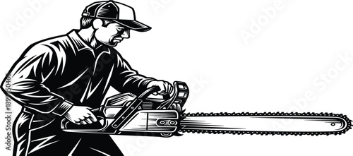 Lumberjack Man Operating Chainsaw Vector Illustration for Woodworking Industry Forestry Services Tree Cutting Professional Worker Logo Design and Woodcutter Masco