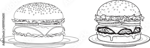 Black and White hand-drawn Burger Illustration Set on Plates. Detailed black and white burger  on Plates drawing,