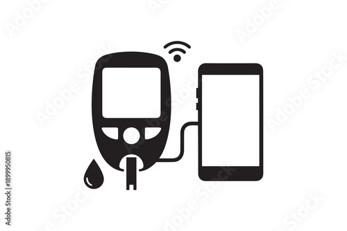 Blood Glucose Meter Smartphone Wireless Connection Silhouette - Diabetes Glucometer Connected to Mobile Phone Icon