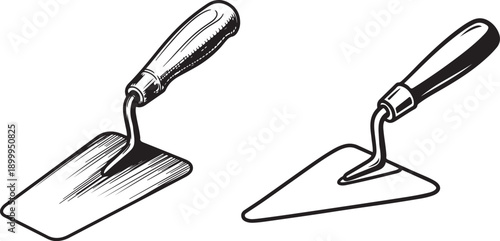 Masonry Trowel Tools Black and White Illustration Set. 