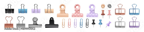 Set of realistic pins, paper clips and clamps. Different binders, thumbtacks, paperclips, pushpins and fasteners. Office stationery. Items for notes. Flat isolated vector illustrations on white.