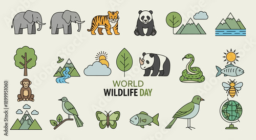 Celebrating World Wildlife Day with animals, plants, and nature illustrations from around the world in a vibrant day scene