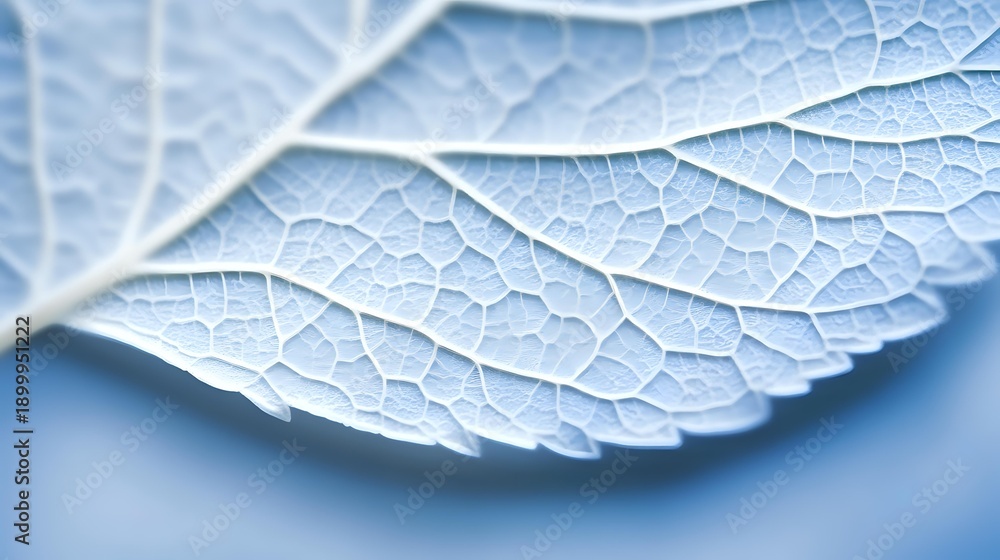Obraz premium Close-up macro photography of delicate leaf veins and cellular structure with intricate natural patterns on soft blue background for botanical studies.