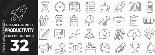 Productivity and Business Performance Line Icon Set with Goal Management, Workflow, Time Optimization, Growth Strategy, Success, Achievement and Motivation Symbols Outline Vector Illustration