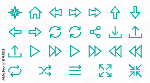 Diverse building line icons: shops, homes, offices, factories, castles