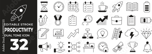 Productivity and Business Performance Dual tone Icon Set with Goal Management, Workflow, Time Optimization, Growth Strategy, Success, Achievement and Motivation Symbols Outline Vector Illustration