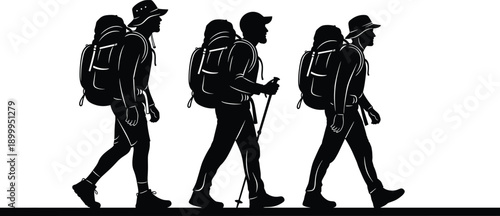 Hiking silhouette illustration collection featuring group of trekkers with backpacks, trekking poles, and outdoor clothing for adventure, travel, teamwork, nature, and design projects