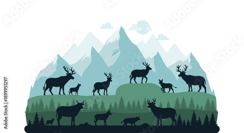 Wildlife roams free in the world on a serene day landscape with deer and mountains