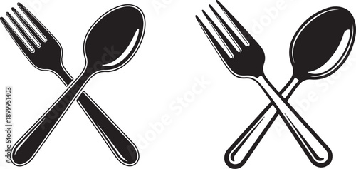 Black silhouette of a fork and spoon crossed together isolated on white background. Black fork and spoon icon set crossed cutlery symbol for restaurant cafe food service kitchenware silhouette templat