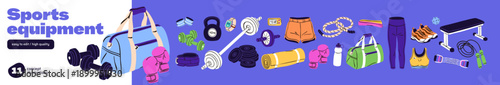Sports equipment for gym workout set. Different items and accessories for fitness training. Sportswear, dumbbells, barbell, weight plates and resistance bands. Fla isolated vector illustrations.