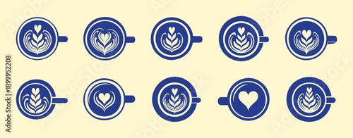 Top View Coffee Latte Art Icons: Heart, Tulip, Rozenburg Patterns. Flat Design Vector Illustration