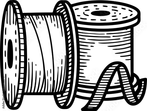 Two spools of thread with one partially unwound, black and white hand drawn illustration