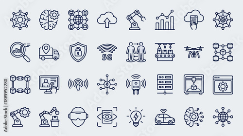 Digital Technology, AI, and Industry 4.0 Outline Icons Set